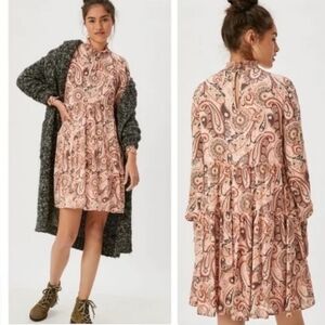 Anthropologie Cady Mock Neck Dress Puff Sleeves Paisley Peach Boho